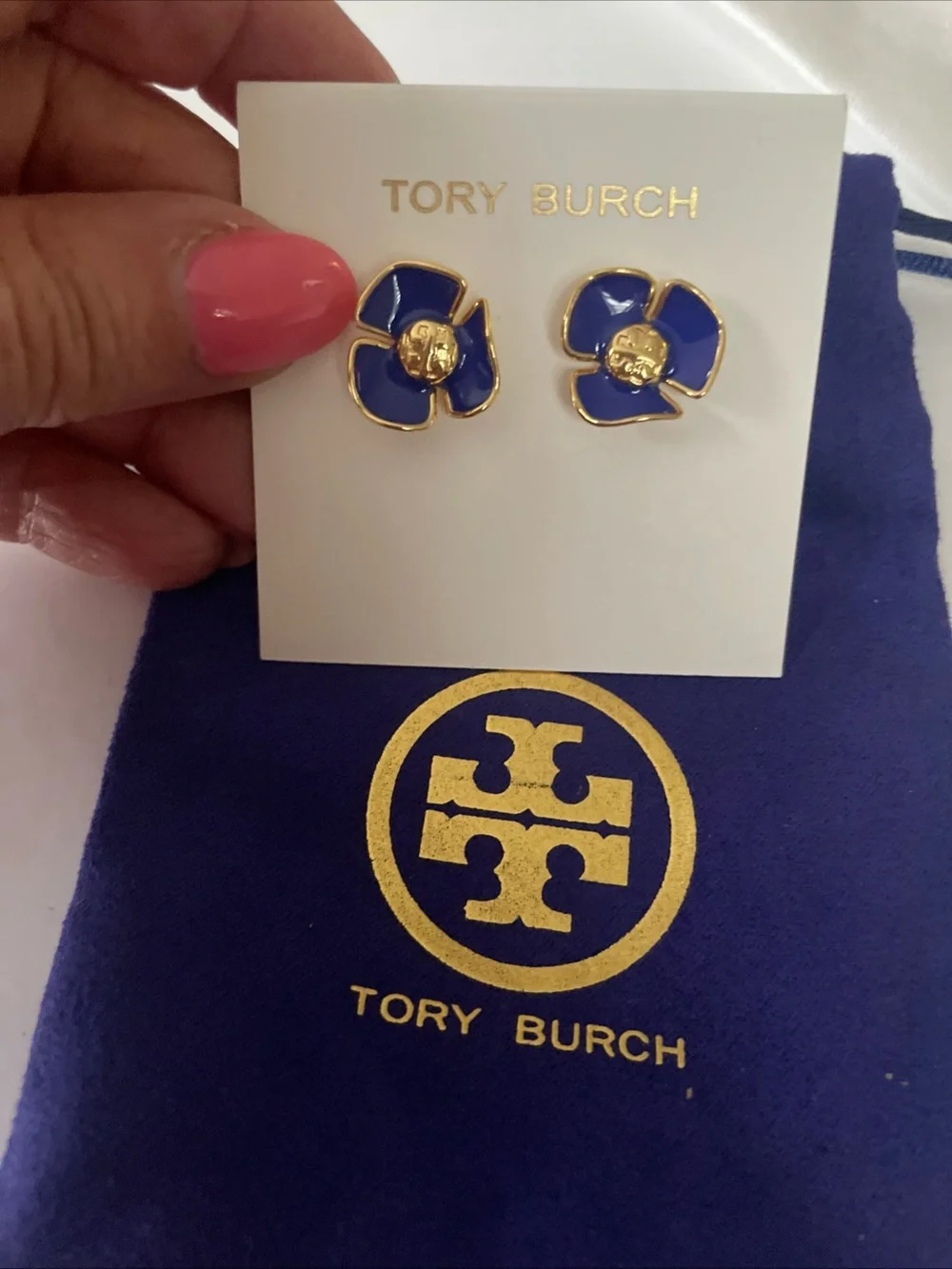 Tory Burch Royal Blue Enamel Flower Stud Earrings with Gold Trim
